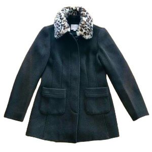 LOFT Black Pea Coat w/Detachable Faux Leopard Collar - Size 2 - Wool Blend